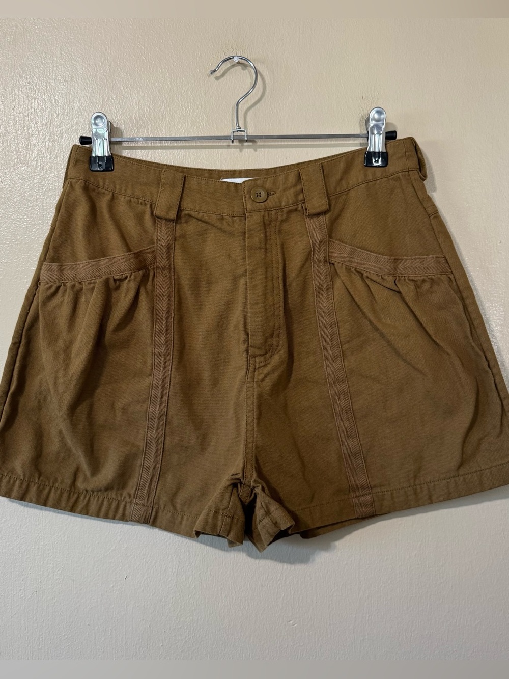 Cooperative chartreuse/green-brown bubble pleated high rise mini shorts